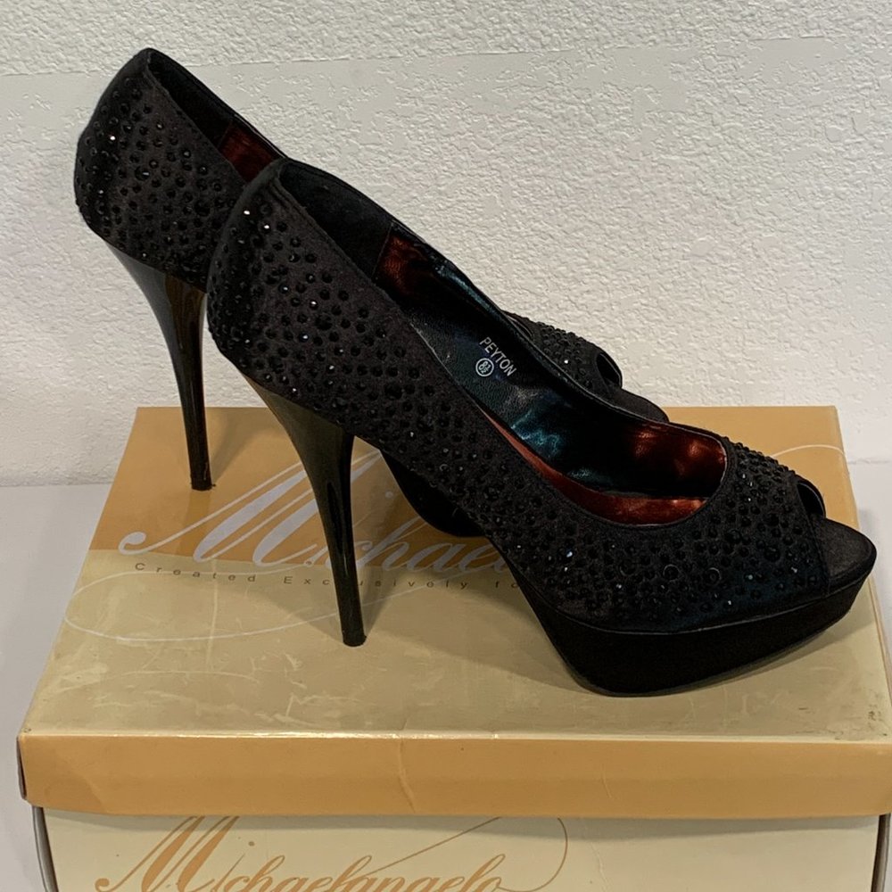 Michaelangelo Peyton Black Sparkle Platform Stiletto Heels Peep Toe Pumps Sz 8.5 - Picture 2 of 10